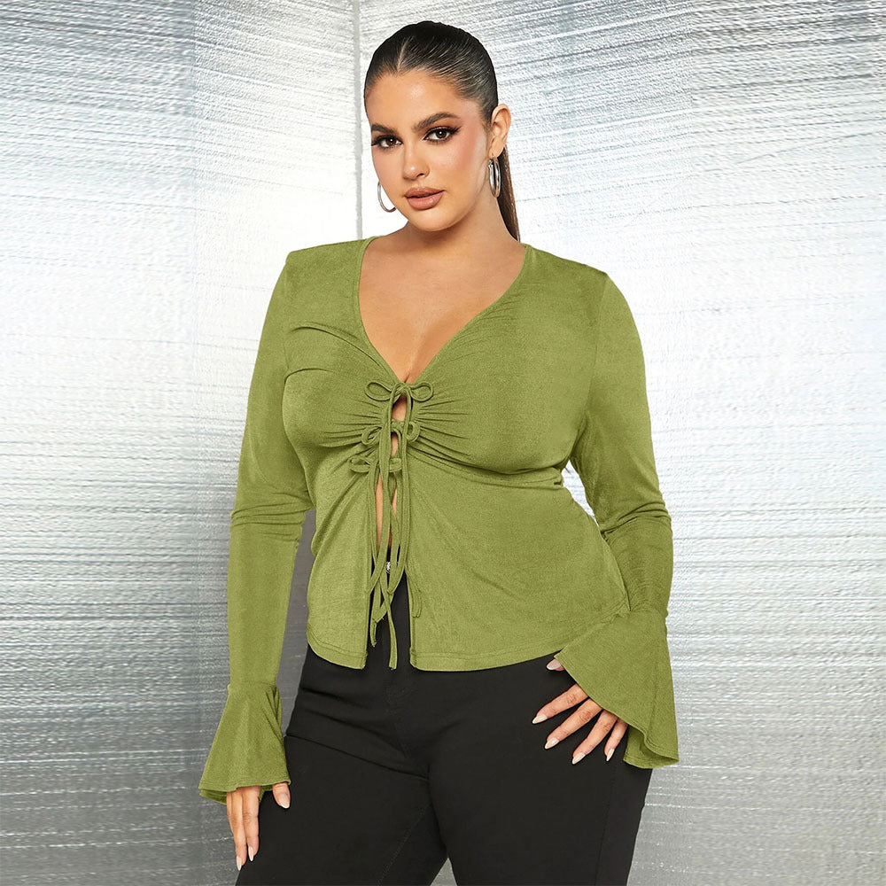 Plus Size Women's Slim Fit Lace up V neck Knitted Long Sleeves Shirt Shop One Place