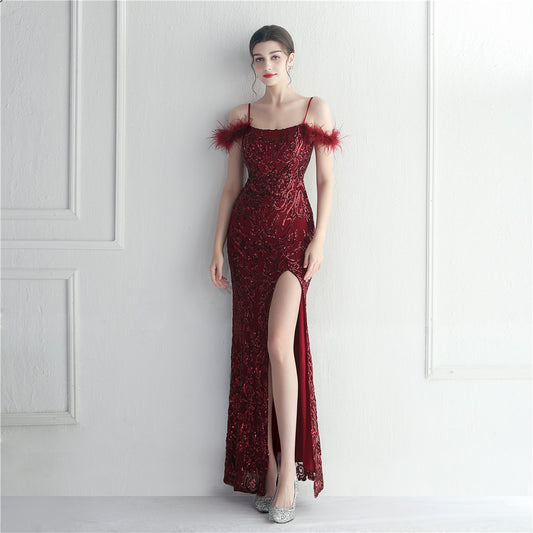 Positioning Floral Sequin Wool Sexy Sling Dress Shop One Place