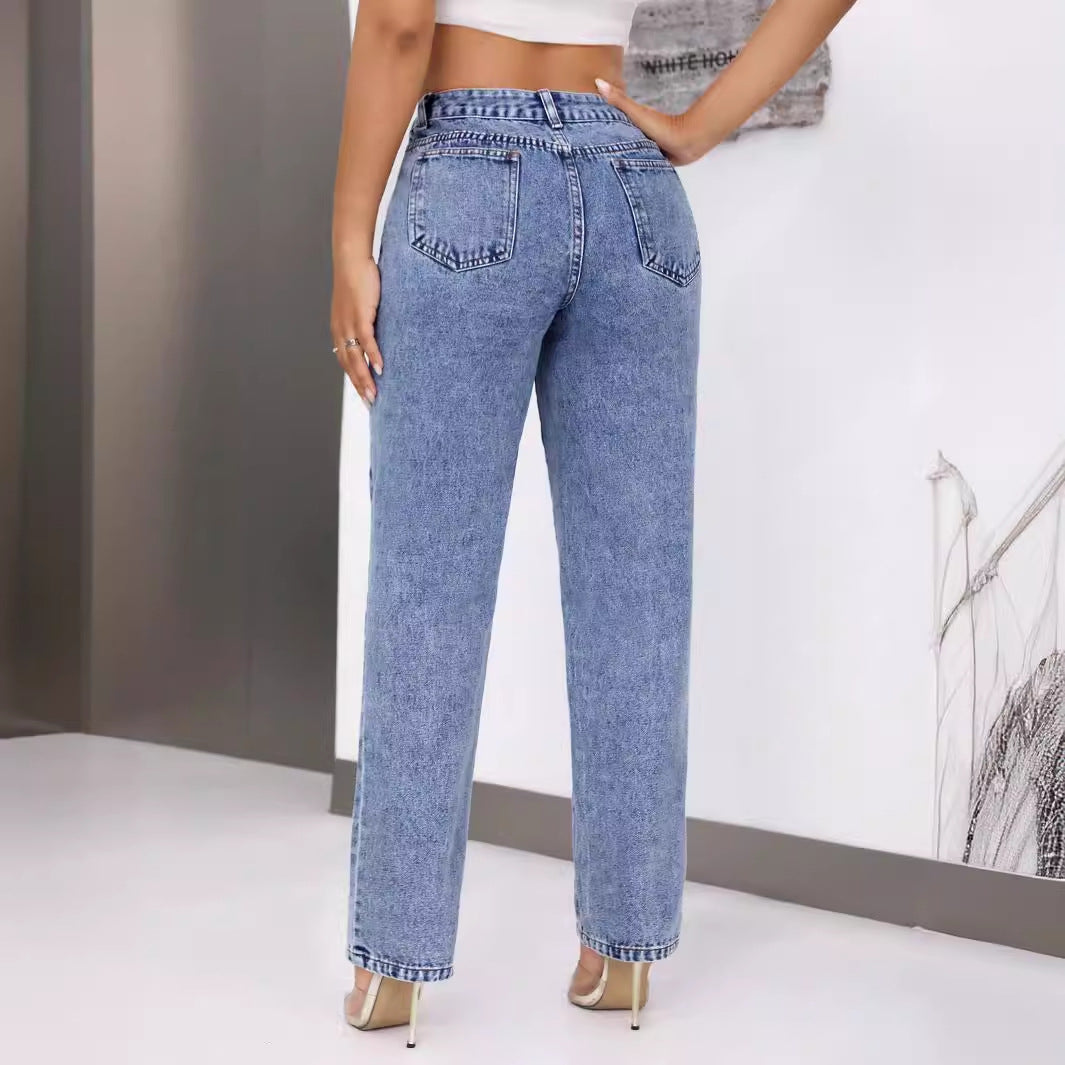 Women's Retro High Waist Denim Straight Leg Trousers Shop One Place