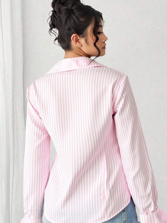 French Striped Cinched Long Sleeve Blouse