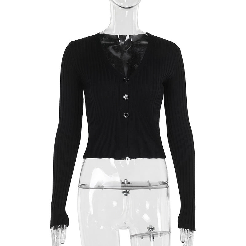 Deep V Plunge Neck Woolen Long Sleeved Cardigan Top Shop One Place