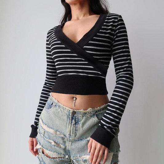 Street Striped V-neck Cross Stitching Long Sleeves Cropped T shirt Shop One Place