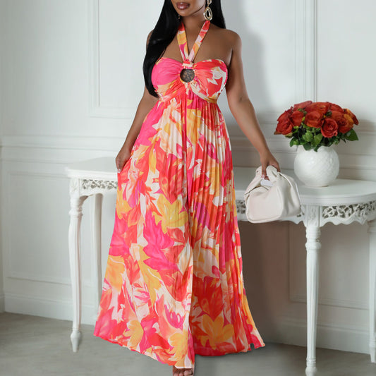 Summer Sexy Backless Print Lace Up Wide Leg African Jumpsuit Shop One Place