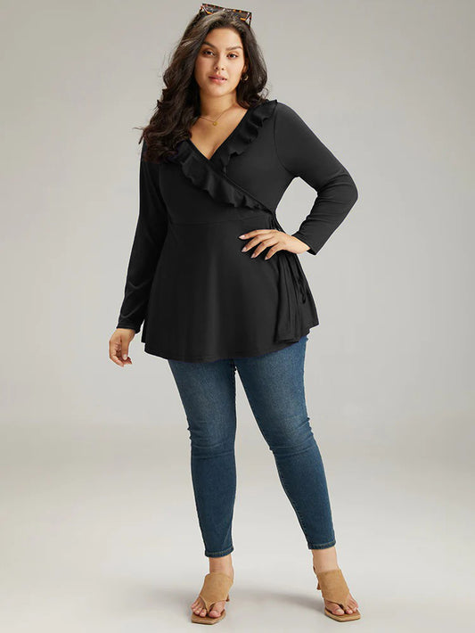 Plus Size Ruffled V neck Waist-Controlled Slimming Top Shop One Place