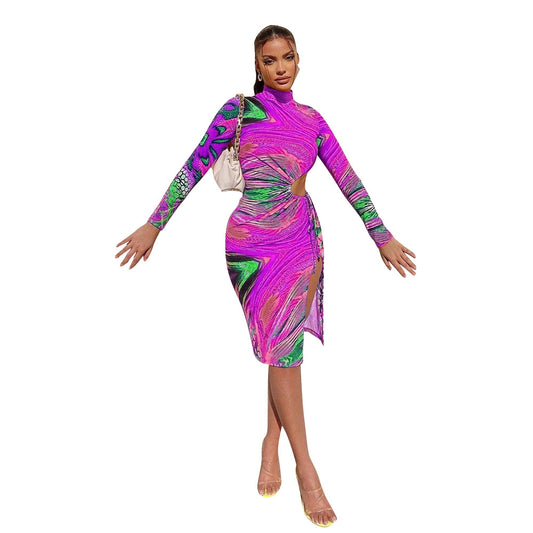 Women Clothing Sexy Mid Waist Printed Milk Silk Midi Dress Shop One Place