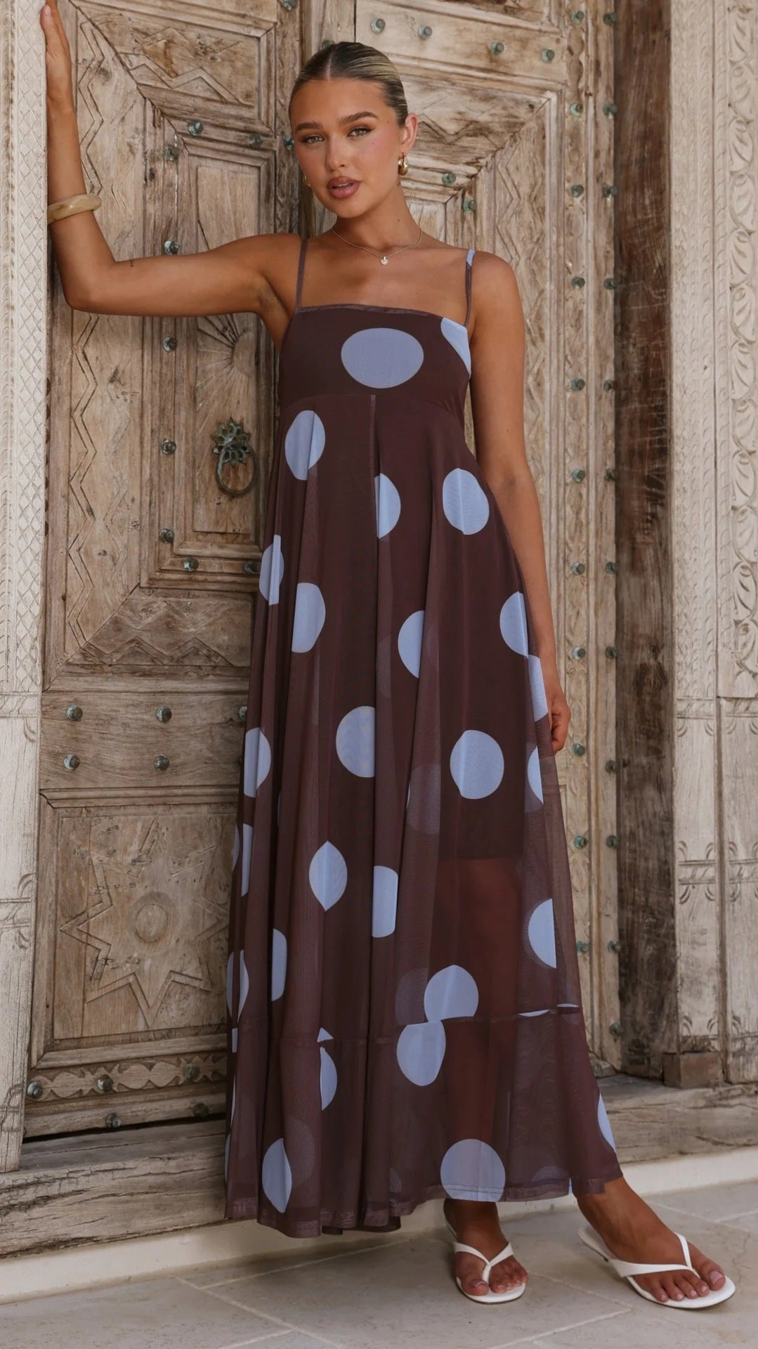 Summer Cami Dress Mesh Polka Dot Print High Waist Big Swing Cami Dress Shop One Place