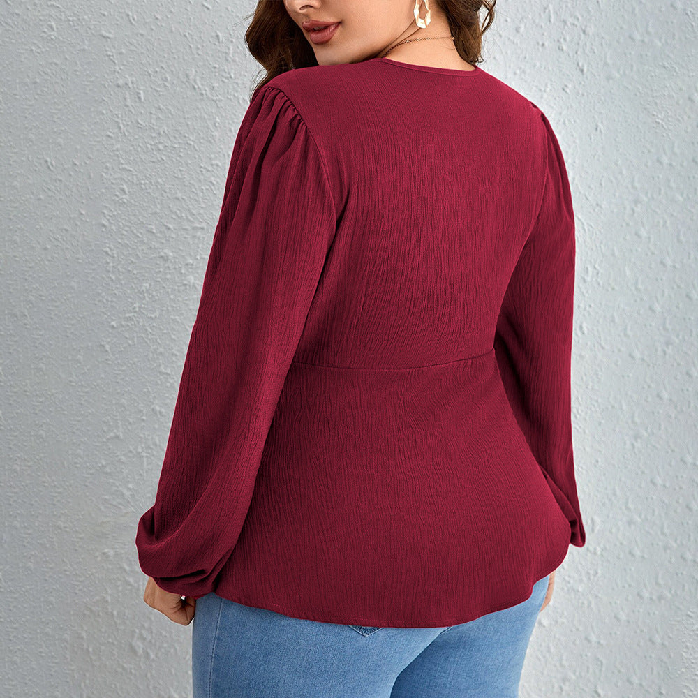 Plus Size Lady like V neck Wine Red Top Shop One Place
