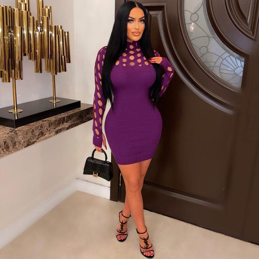 Women Clothing Sexy Knitted Dress Hollow Out Cutout Long Sleeve Tight Woolen Dress Shop One Place