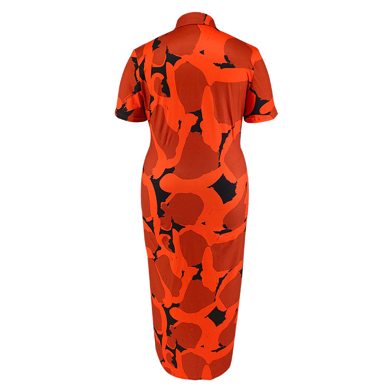 Plus Size Women Button Cardigan Collared Short Sleeve Long Pattern Dress Shop One Place