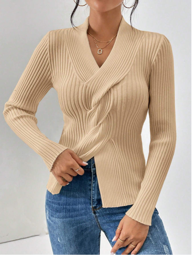 Thread Slit Hemline at Hem Long Sleeve Solid Color Slim Fit Sweater Shop One Place