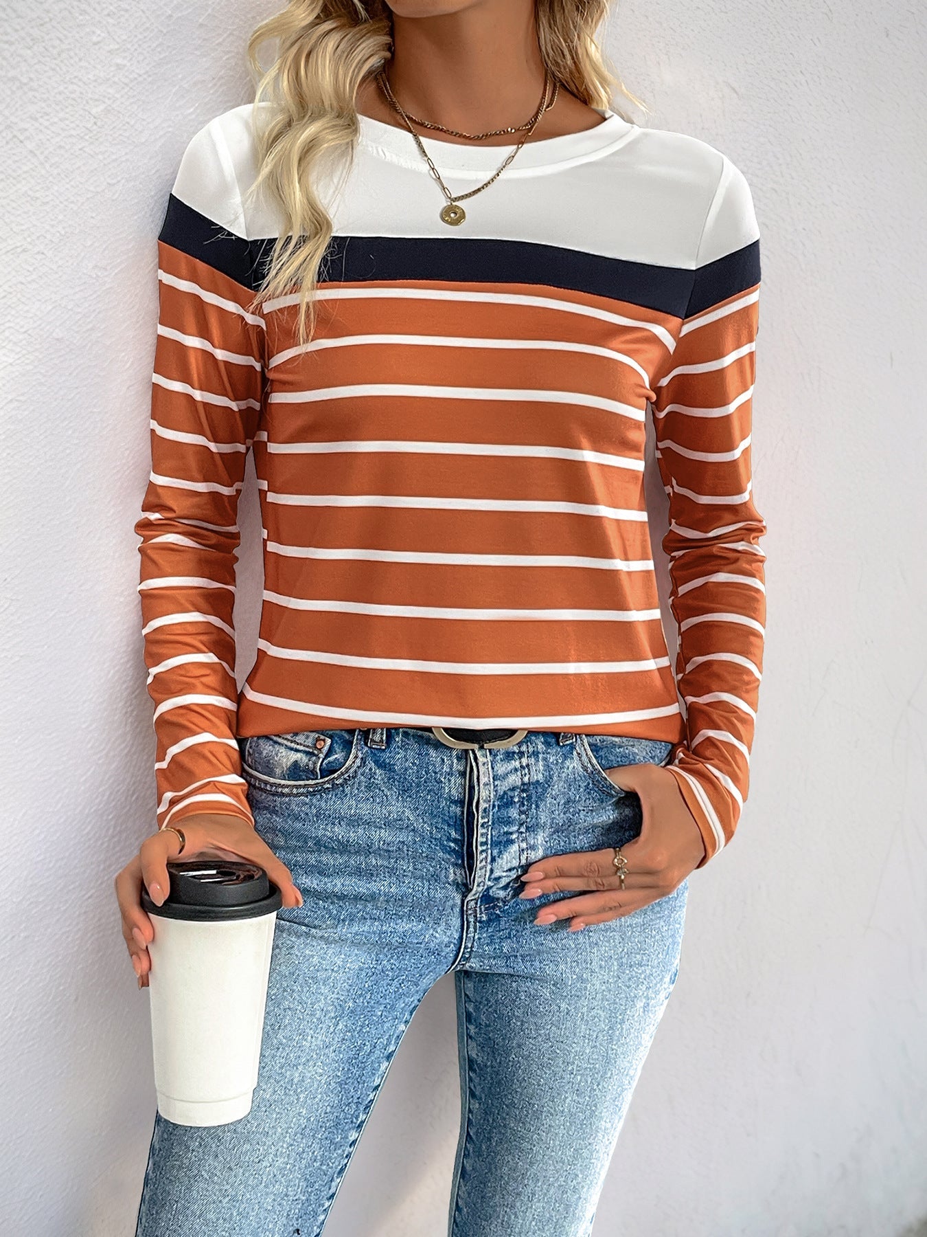 Casual Long Sleeve round Neck Striped T shirt Shop One Place