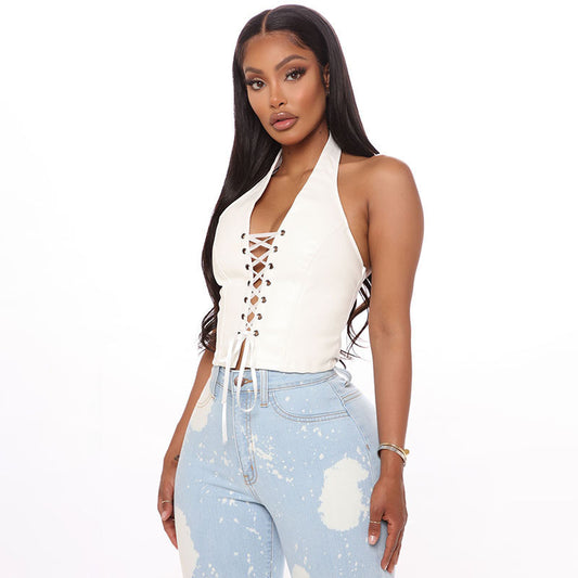 Solid Color Cropped Criss Cross Leather Vest Shop One Place
