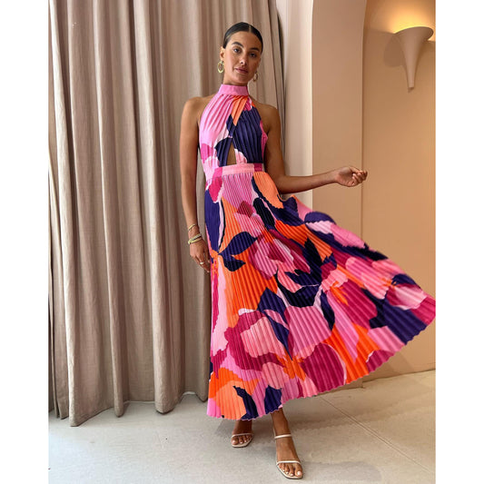 Spring Summer Women's Halter Neck Pleated Dress Shop One Place