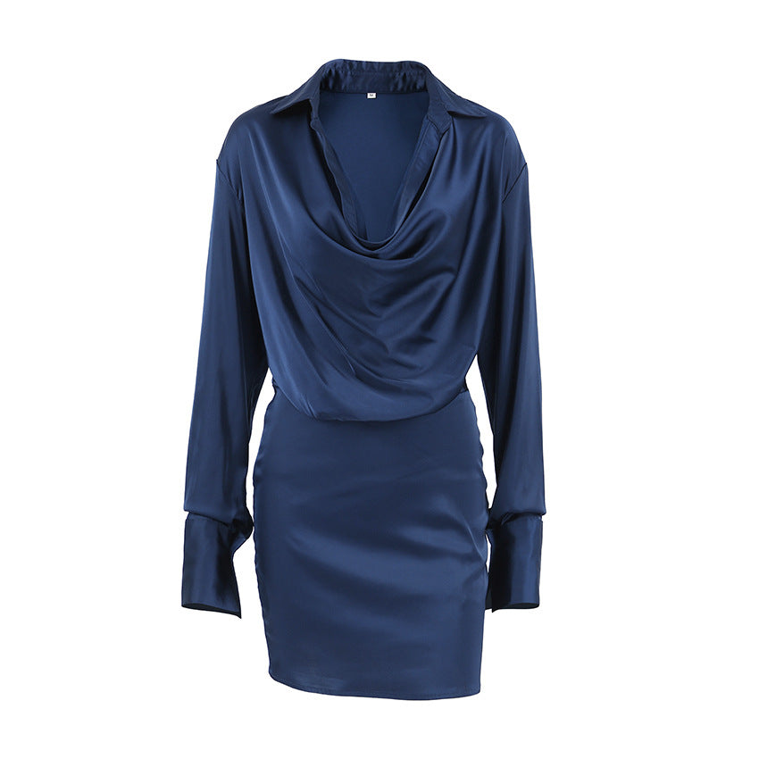 Blue Asymmetric Collar Long Sleeved Slim Fit Short Dress Shop One Place