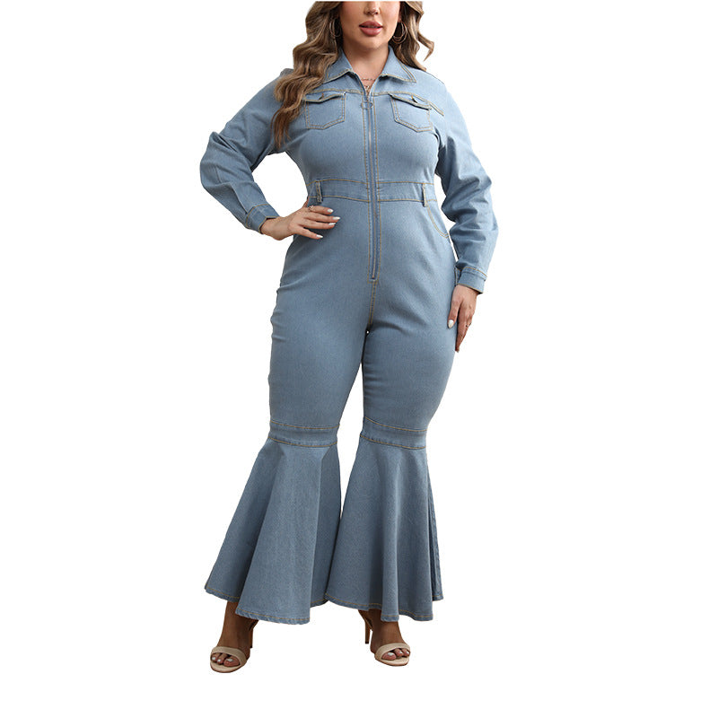 Plus Size Women Denim Zipper Collared Long Sleeve Flared Jumpsuit Shop One Place