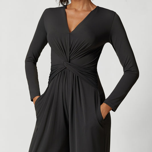 Sexy V Neck Pleated Design High Slit Yoga Jumpsuit Women Shop One Place