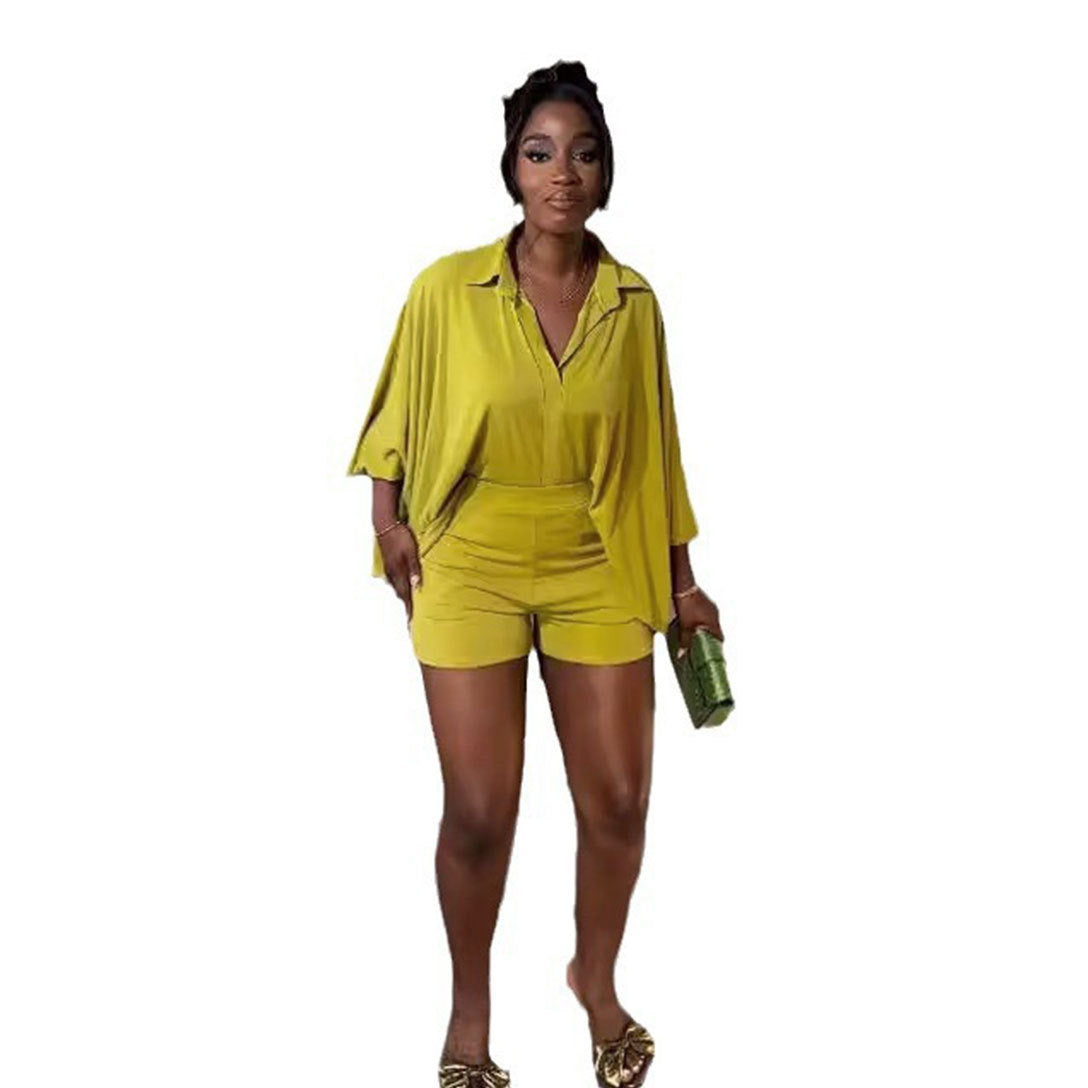 Women Sexy Solid Color Batwing Sleeve Shirt Loose Two Piece Set Shop One Place