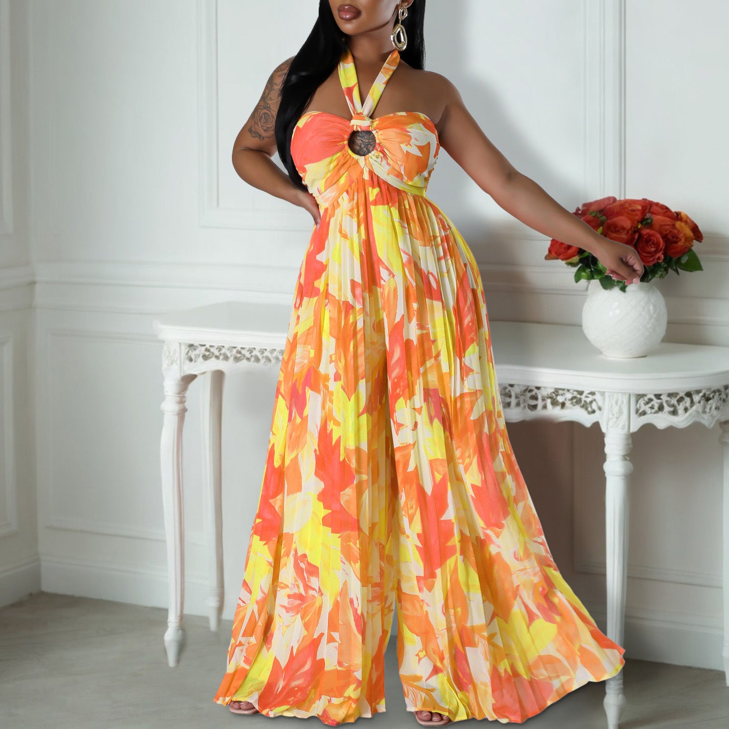 Summer Sexy Backless Print Lace Up Wide Leg African Jumpsuit Shop One Place
