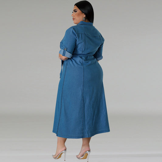 Plus Size Denim Collared Long Sleeve Tied Mid Length Dress Shop One Place