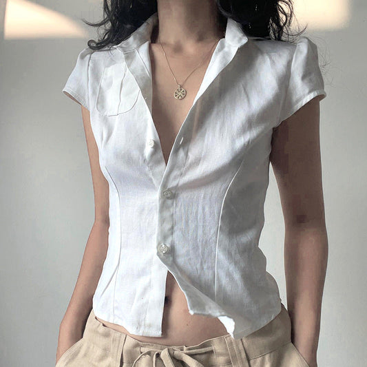 Fashionable Striped Color Matching Breasted Puff Sleeve Top Sexy Intellectual Pleated Chest Flattering Shirt Shop One Place