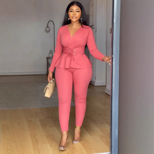 Solid Color V Neck Waist Tight Stretch Long Sleeve Blouse and Pants Sets Shop One Place