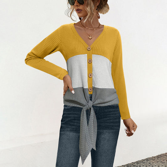 Three Color V Neck Stitching Button Lace Up Knitted Top Shop One Place