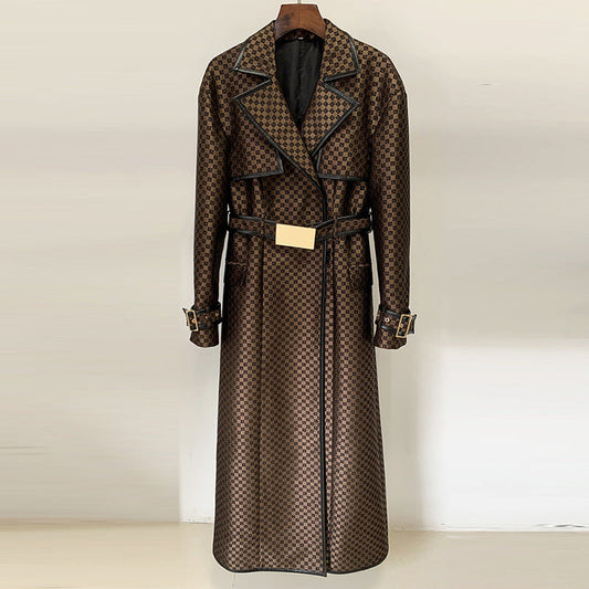 Autumn Winter Star Belt Jacquard Maze Pattern Long Trench Coat Shop One Place