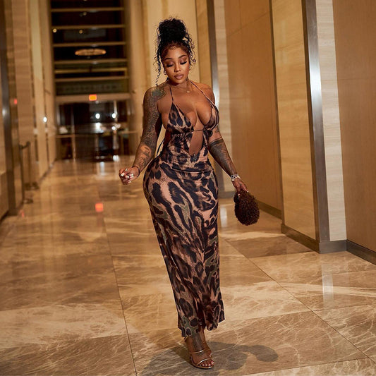 Women's Halter Lace up Cropped Backless Leopard Print Maxi Dress Shop One Place