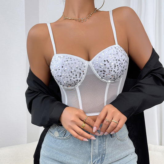Mesh Breathable Sequin Corset with Coaster Low Cut Flattering Camisole Shop One Place