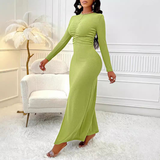 Ruched Split Long Sleeve body contouring Solid Color Dress Shop One Place