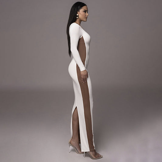 Women's Color Contrast round Neck Long Sleeve Split Dress Shop One Place