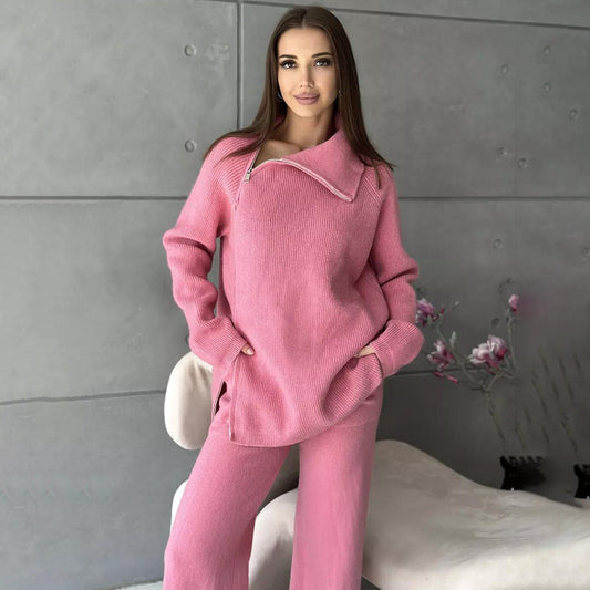High Collar Zipper Knitted Sweater Wide Leg Two Piece Suit Shop One Place