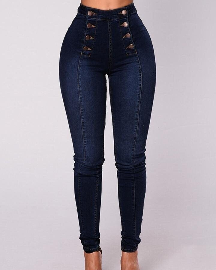 High Waist Double Row Multi Button Slim Stretch Jeans Shop One Place