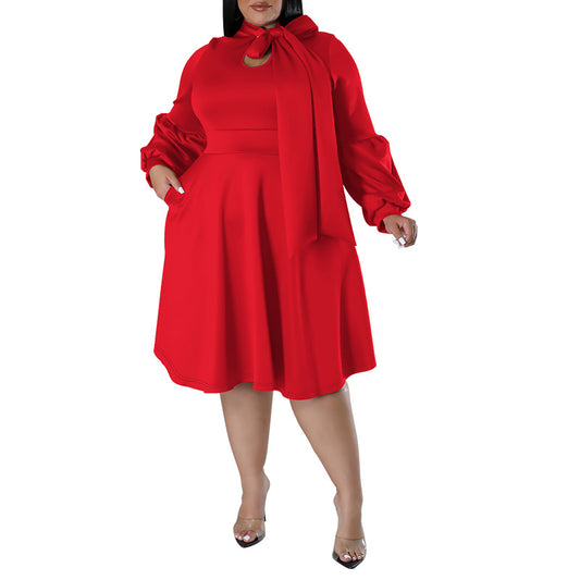 Plus Size Women's Scarf Long Sleeved Bubble Sleeve Mid Length Dress Shop One Place