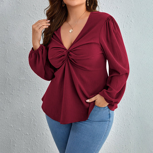 Plus Size Lady like V neck Wine Red Top Shop One Place