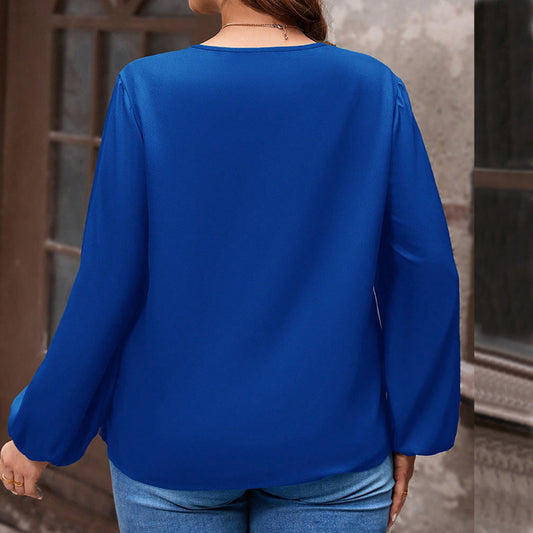 Plus Size Women Clothes Autumn Winter Solid Color V Neck Loose Casual Long Sleeves T Shirt Top Shop One Place