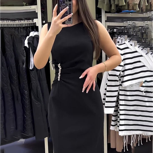 Spring Round Neck Solid Color Sleeveless Slim Bottom Tassel Dress Shop One Place