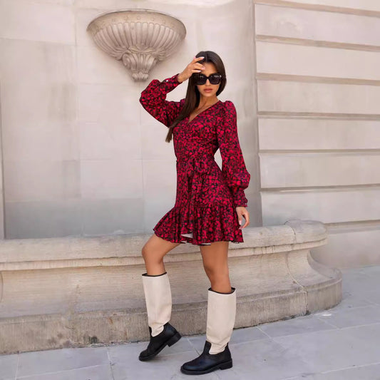 Animal Print V neck Long Sleeve Ruffles Dress Shop One Place