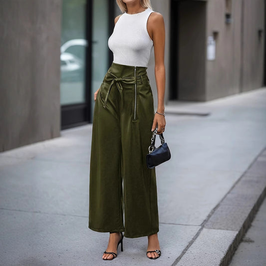 High Waist Faux Leather Wide Leg Pants with Belt
