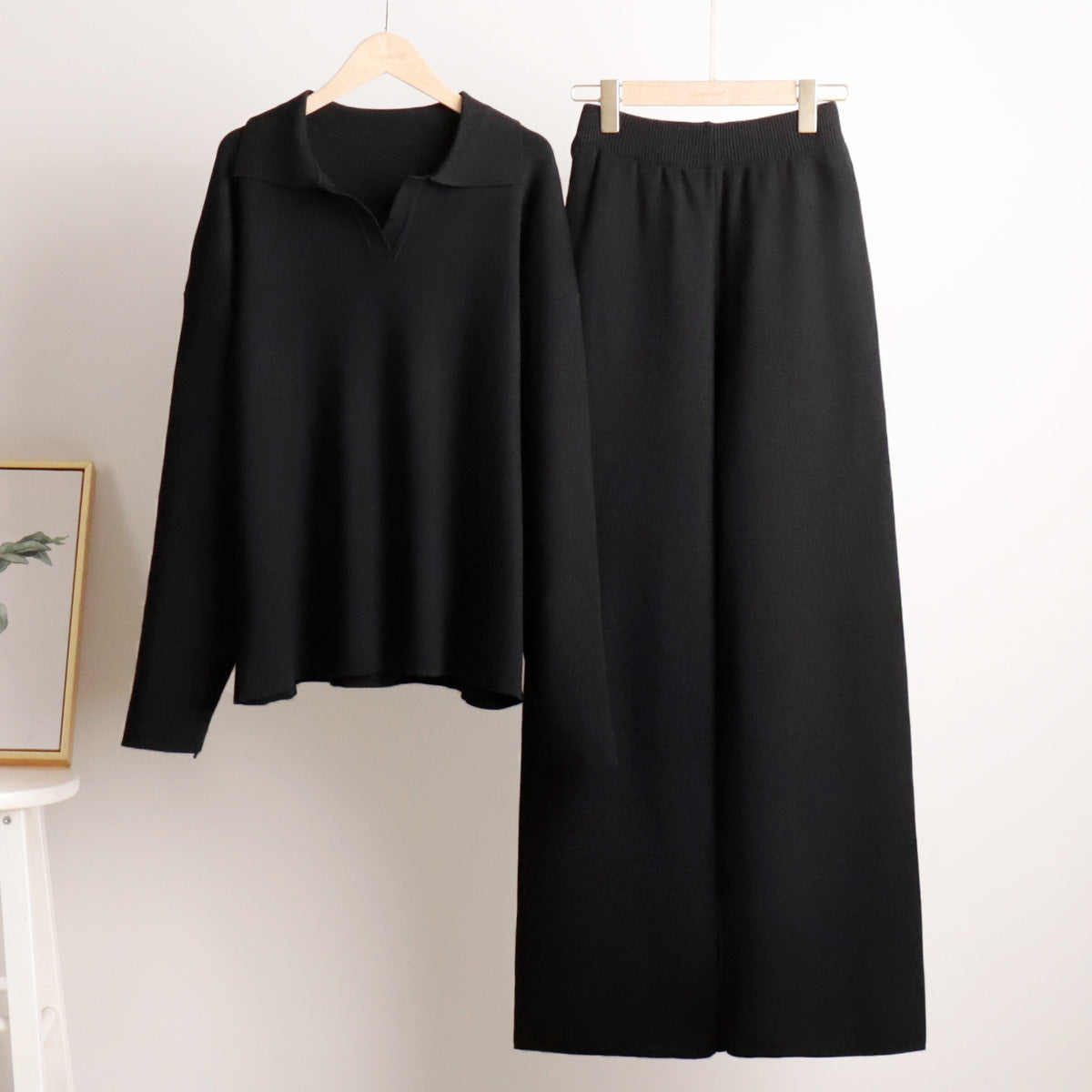 Polo Collar Knitted Pullover Wide Leg Trousers Two Piece Set Shop One Place