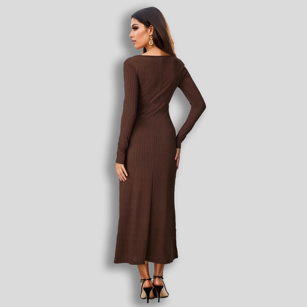 Button Square Collar Long Sleeve Wide Hem Maxi Dress Shop One Place