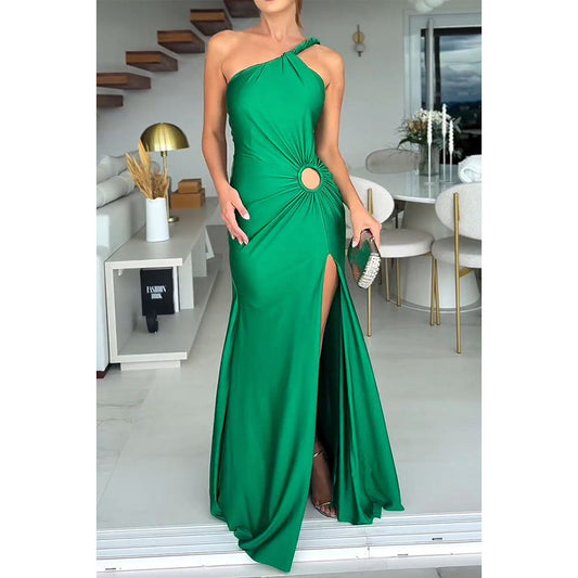 Cross Shoulder Asymmetric Ring Split Dress Shop One Place