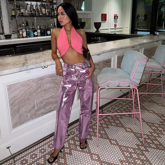 High Waist Faux Leather Candy Color Pants Shop One Place