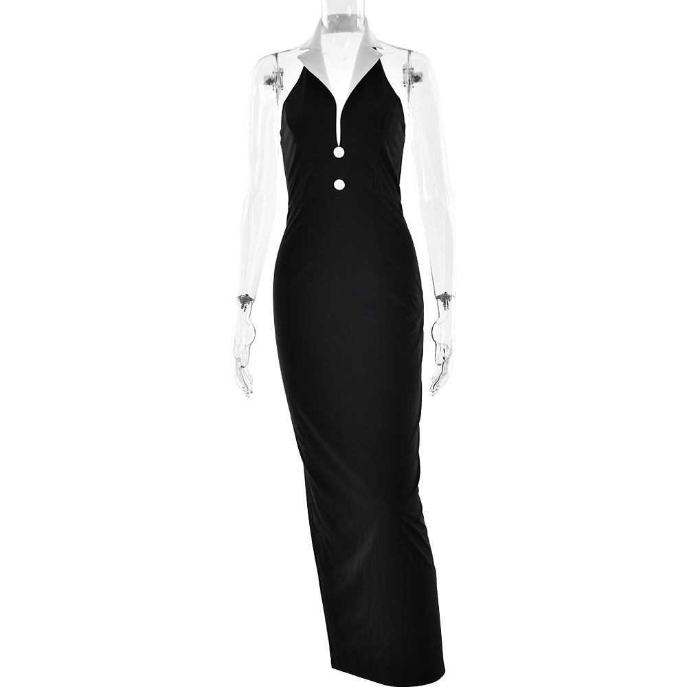 Collared Backless Slit Slimming Dress Shop One Place