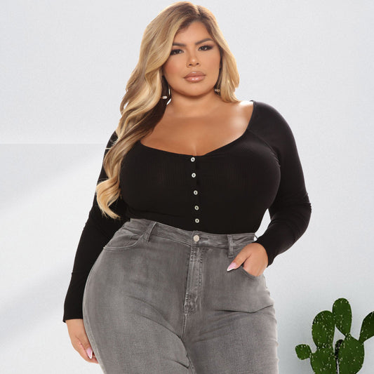 Plus Size U Collar Breasted Long Sleeve Jumpsuit Shop One Place