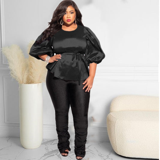 Plus Size Lace-up Lantern Sleeve Casual Women Wear Top Shop One Place