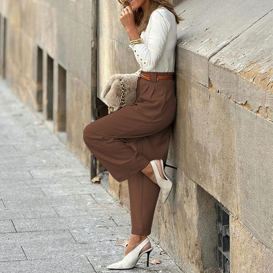 Women's Solid Color High Waist Trousers Shop One Place