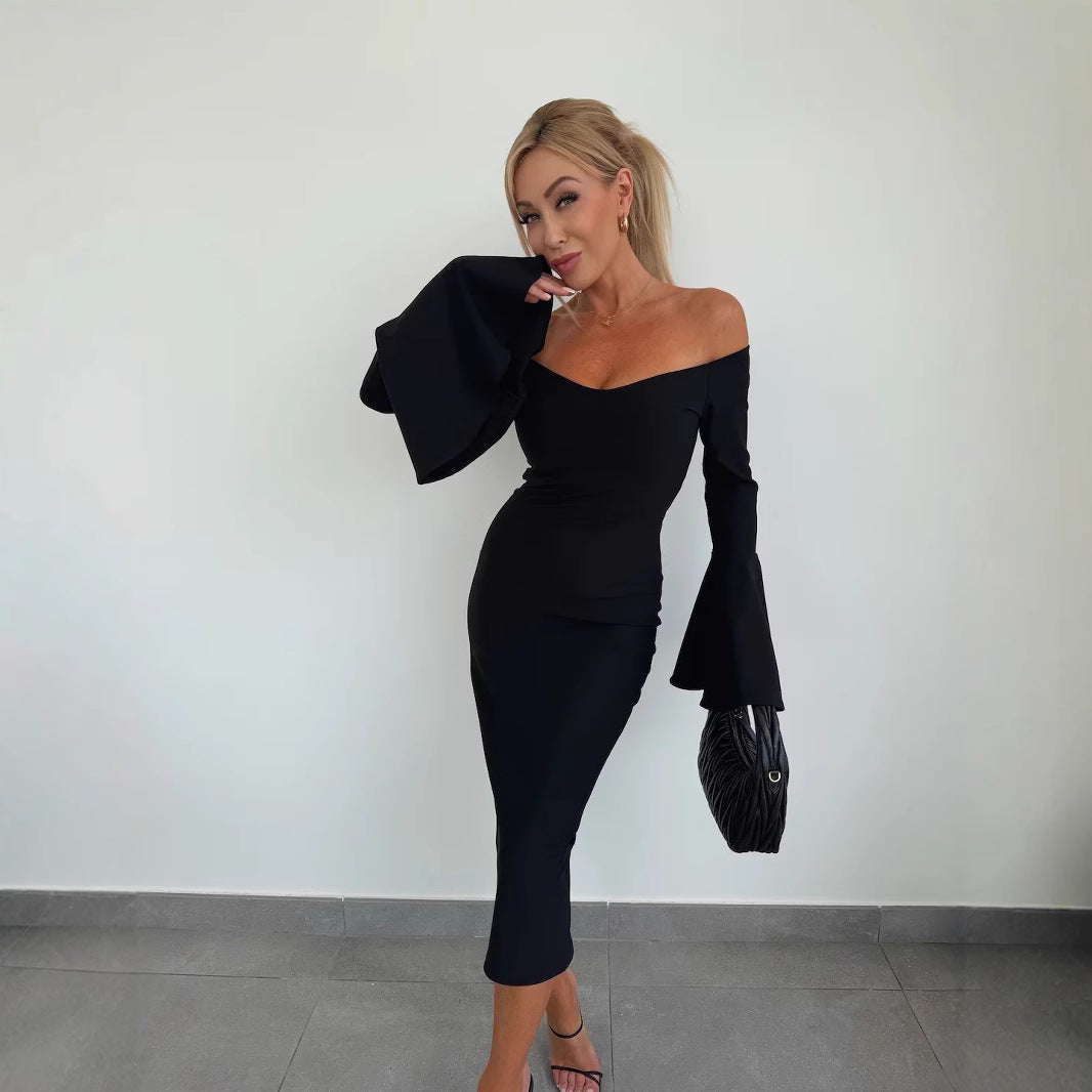 Slim off Shoulder Flared Long Sleeves Dress Shop One Place