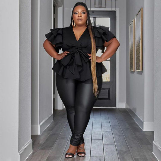 Plus Size Women Clothes Casual All Match V neck Ruffle Pleated Shirt Top Shop One Place