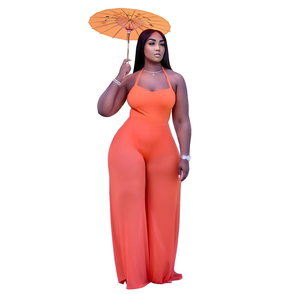 Women Clothing Solid Color Double Sided Fabric Stitching Strap Halter Jumpsuit Woman Loose Shop One Place